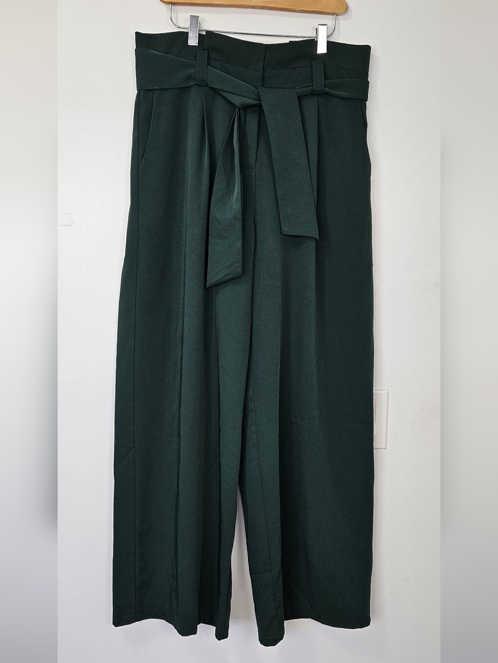 Petal & Pup Forest Green High-Rise Paperbag Wide-Leg Pants with Tie Belt